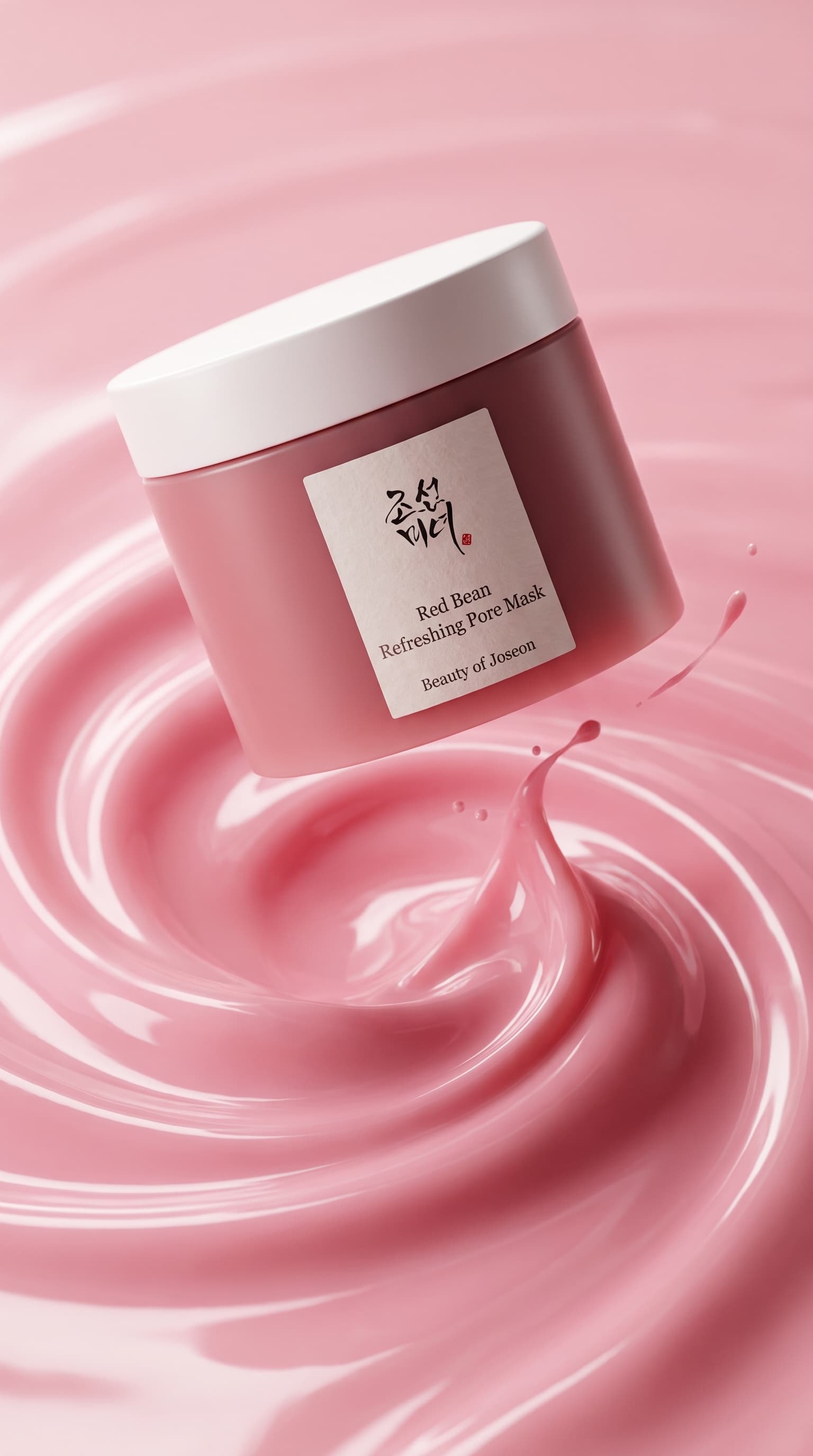 Pink skincare jar floating above a swirling pool of glossy pink cream, made with Nano Banana Pro