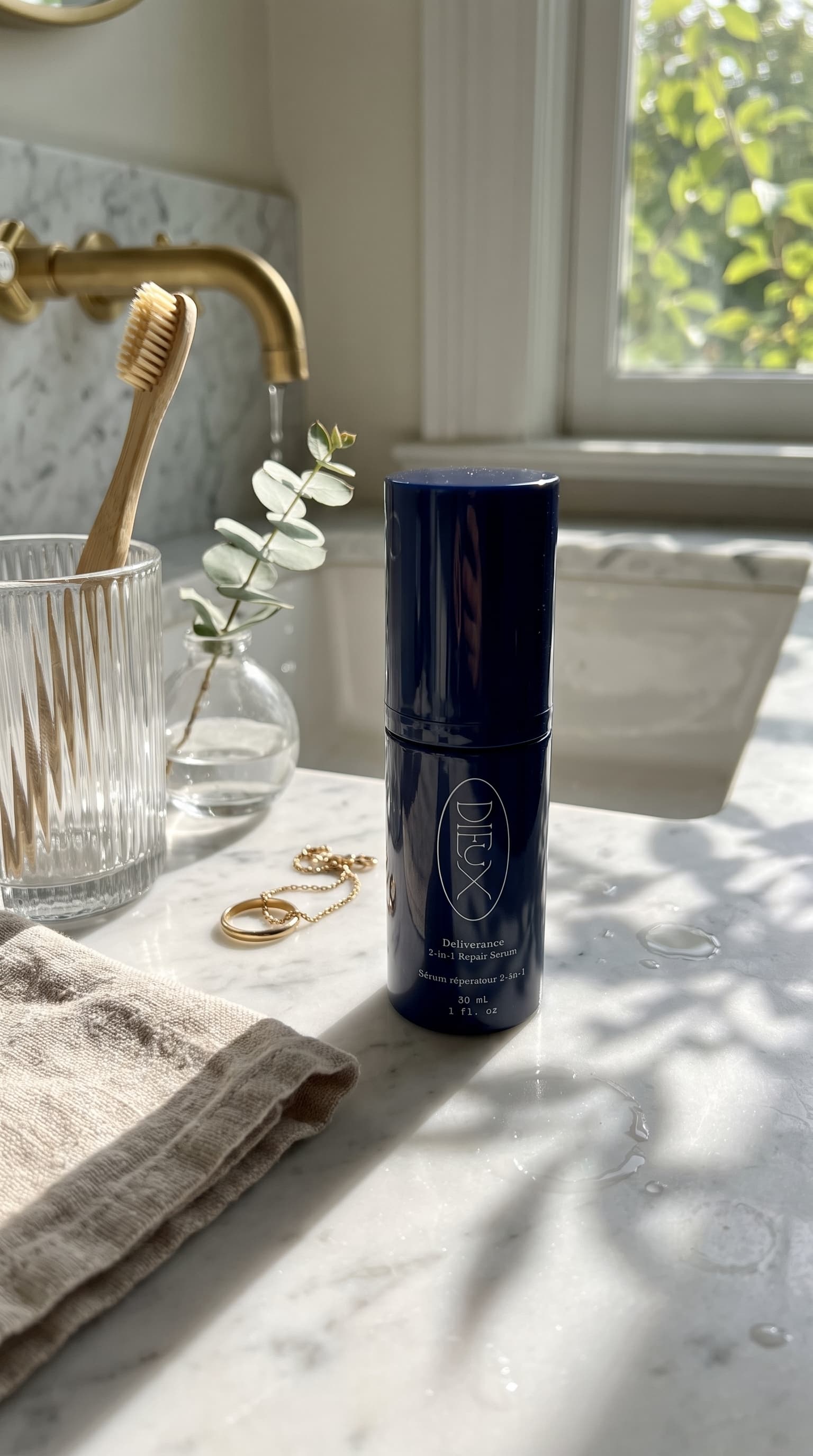Navy serum bottle on a marble sink ledge with a brass tap, toothbrush glass, gold ring and leaf shadows, made with Nano Banana Pro