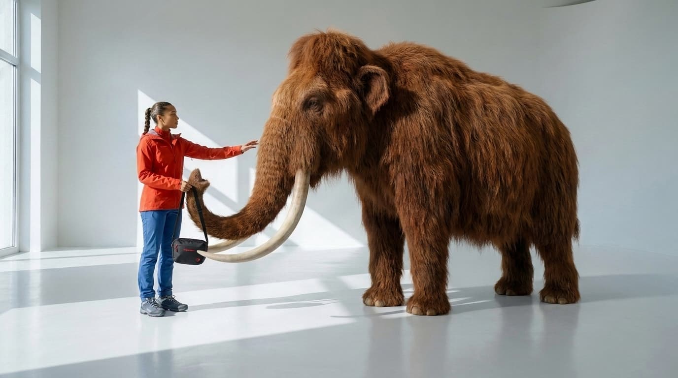 Woolly mammoth handing a black sling bag with its trunk to the woman in red and blue, made with Nano Banana Pro