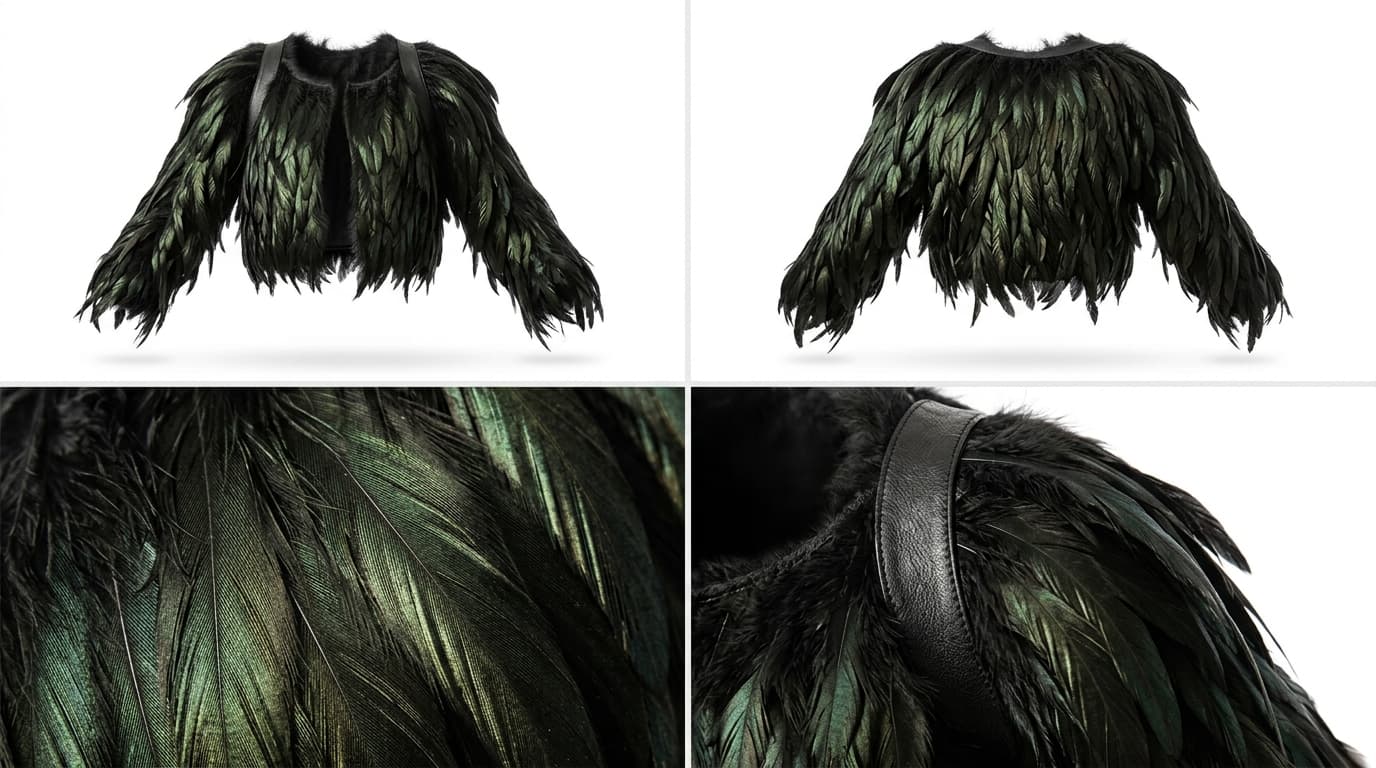 Four-panel product sheet of a black feather jacket with front, back and close-ups, made with Nano Banana 2.1
