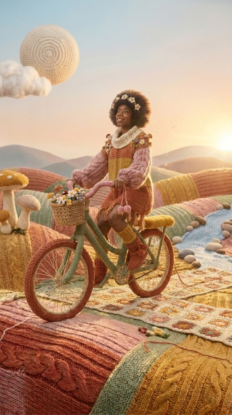 Woman on the wool bike riding toward the left, made with Nano Banana Pro
