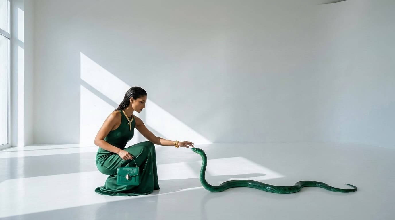 Woman crouching beside an emerald snake, holding a green handbag, made with Nano Banana Pro