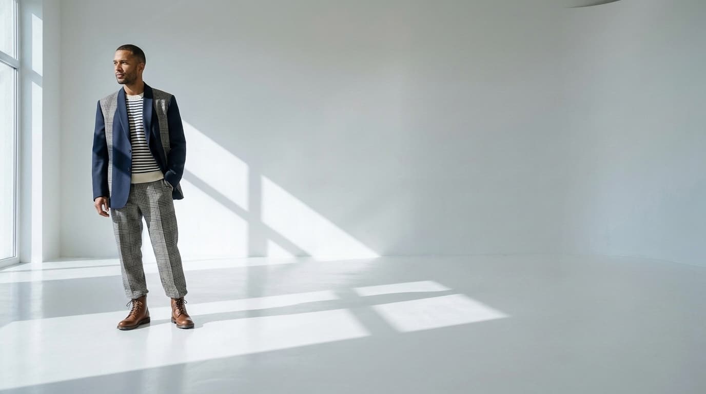 Man in a navy and check suit with a striped knit posing in a white studio, made with Nano Banana Pro
