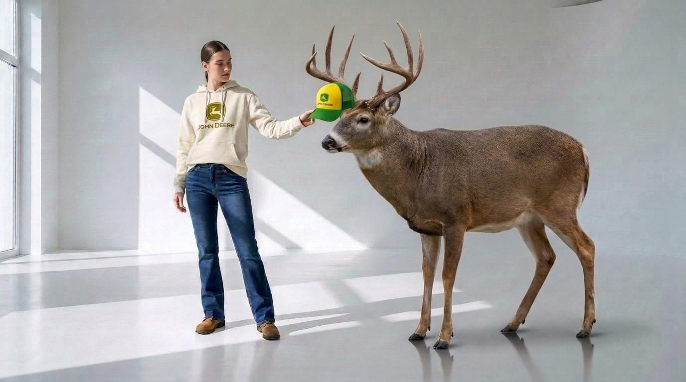 Rejected giant buck towering over a woman in a cream hoodie, made with Nano Banana Pro