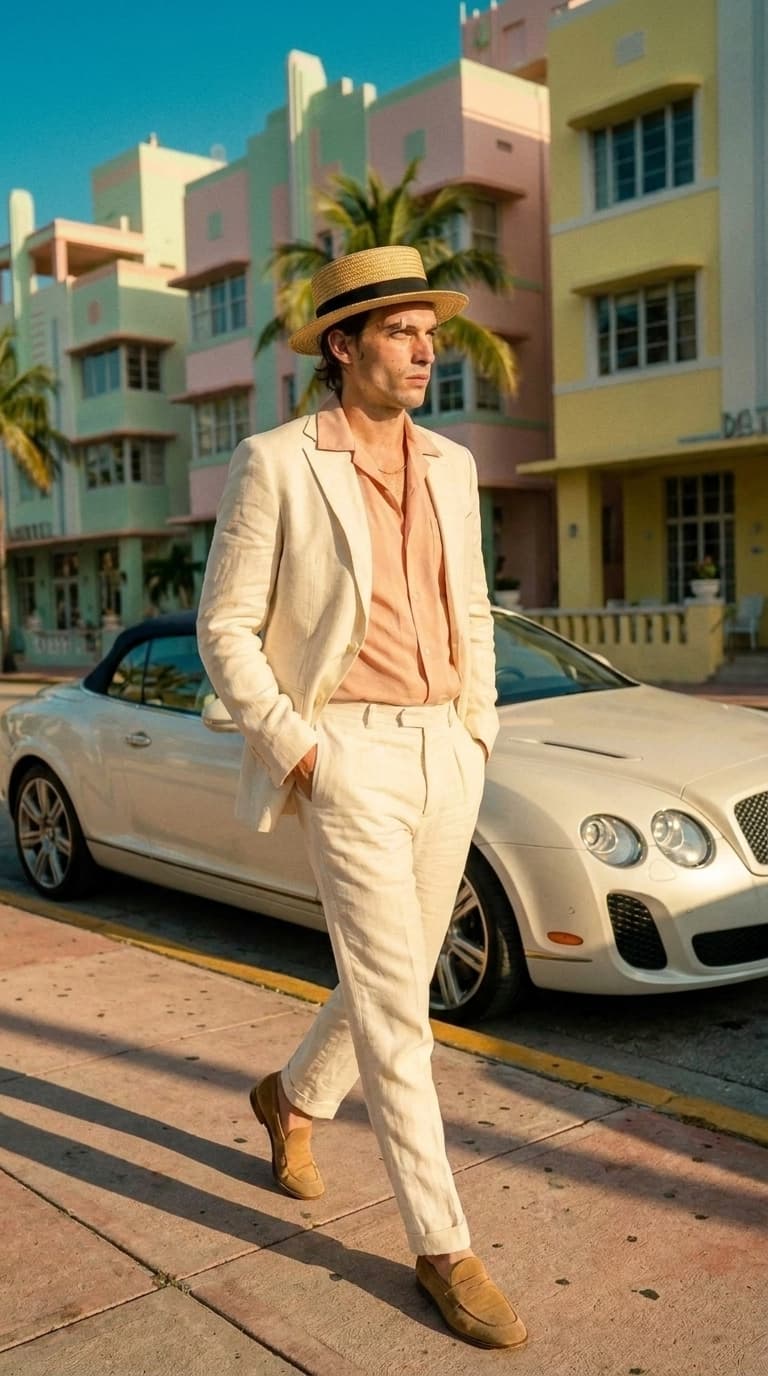 Man in an ivory linen suit on a clean sidewalk beside a modern white convertible, made with Nano Banana Pro