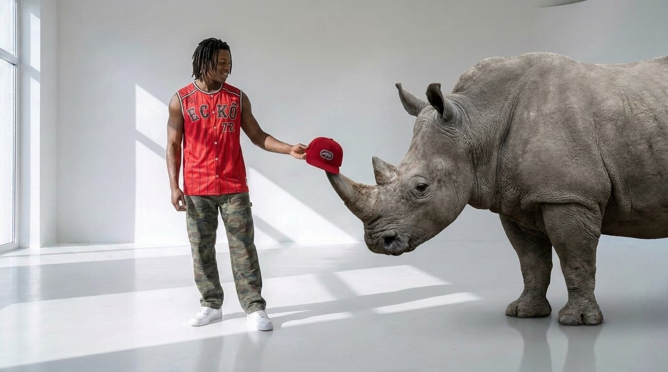 Grey rhino with a red cap on its horn approaching a man in a red jersey, before the relight, made with Nano Banana Pro