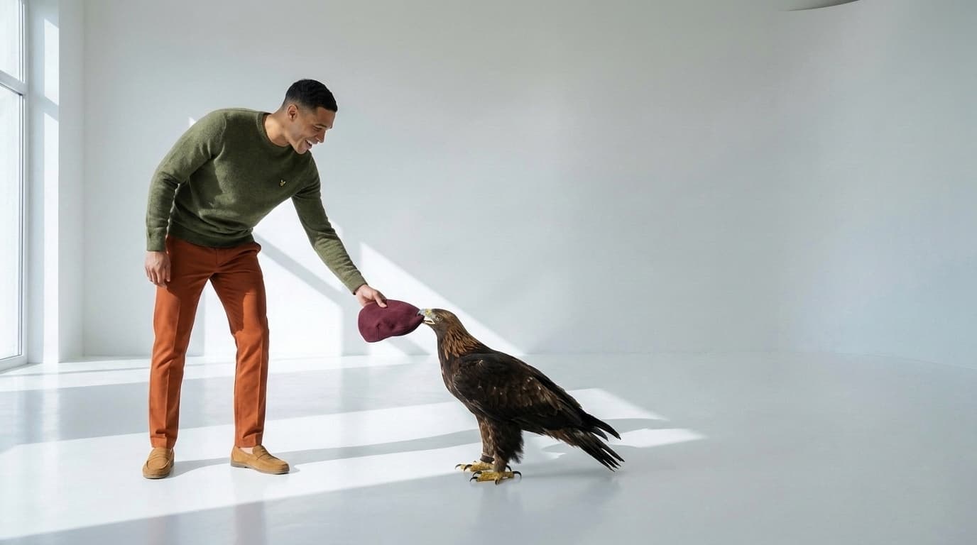 Golden eagle standing on the floor holding a burgundy flat cap up to a man, made with Nano Banana Pro