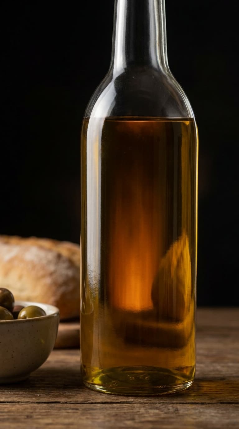 A bottle of golden olive oil backlit into a warm inner glow with a rim light on a dark background, made with Nano Banana Pro