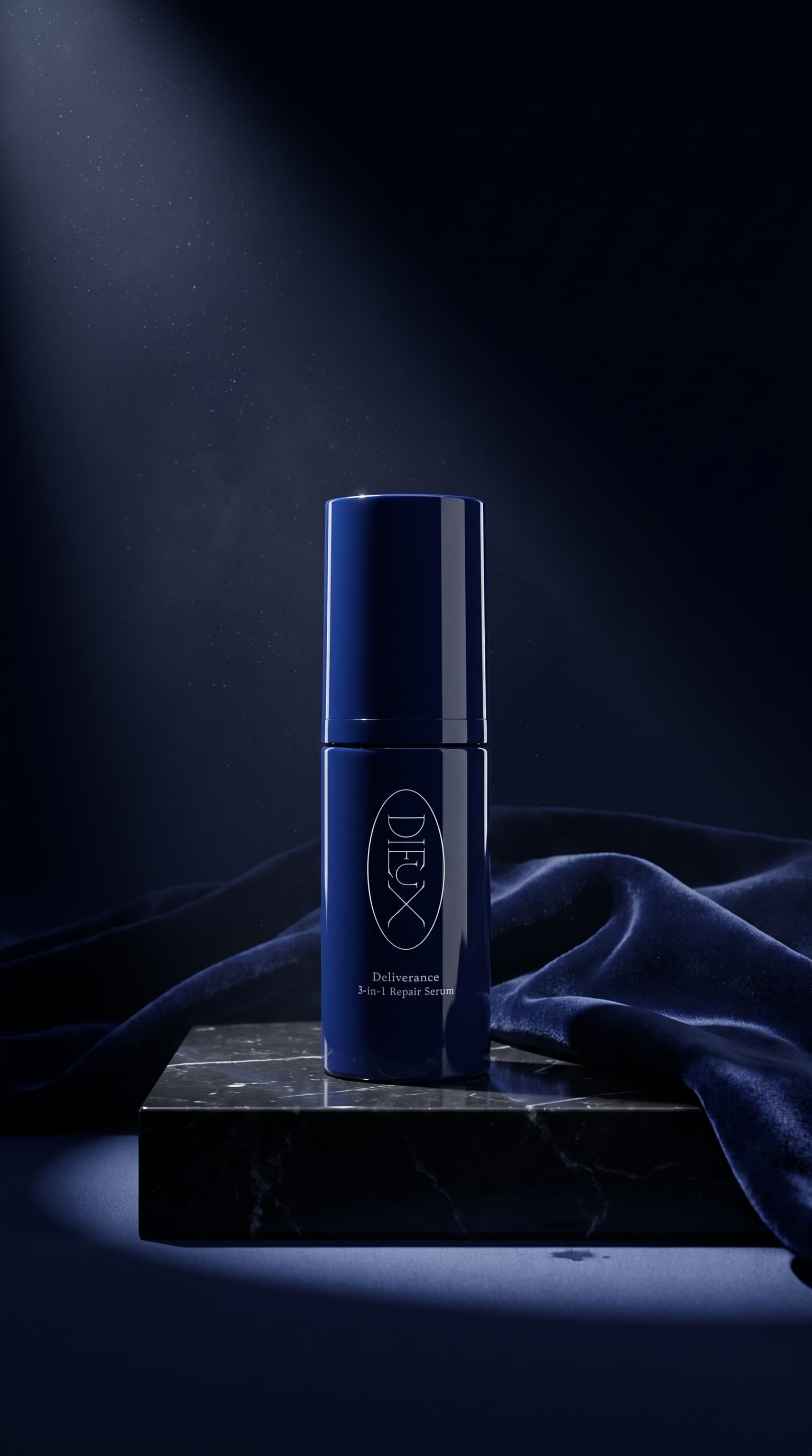 Navy serum bottle on black marble with navy velvet behind it, lit by a single spotlight, made with Nano Banana Pro