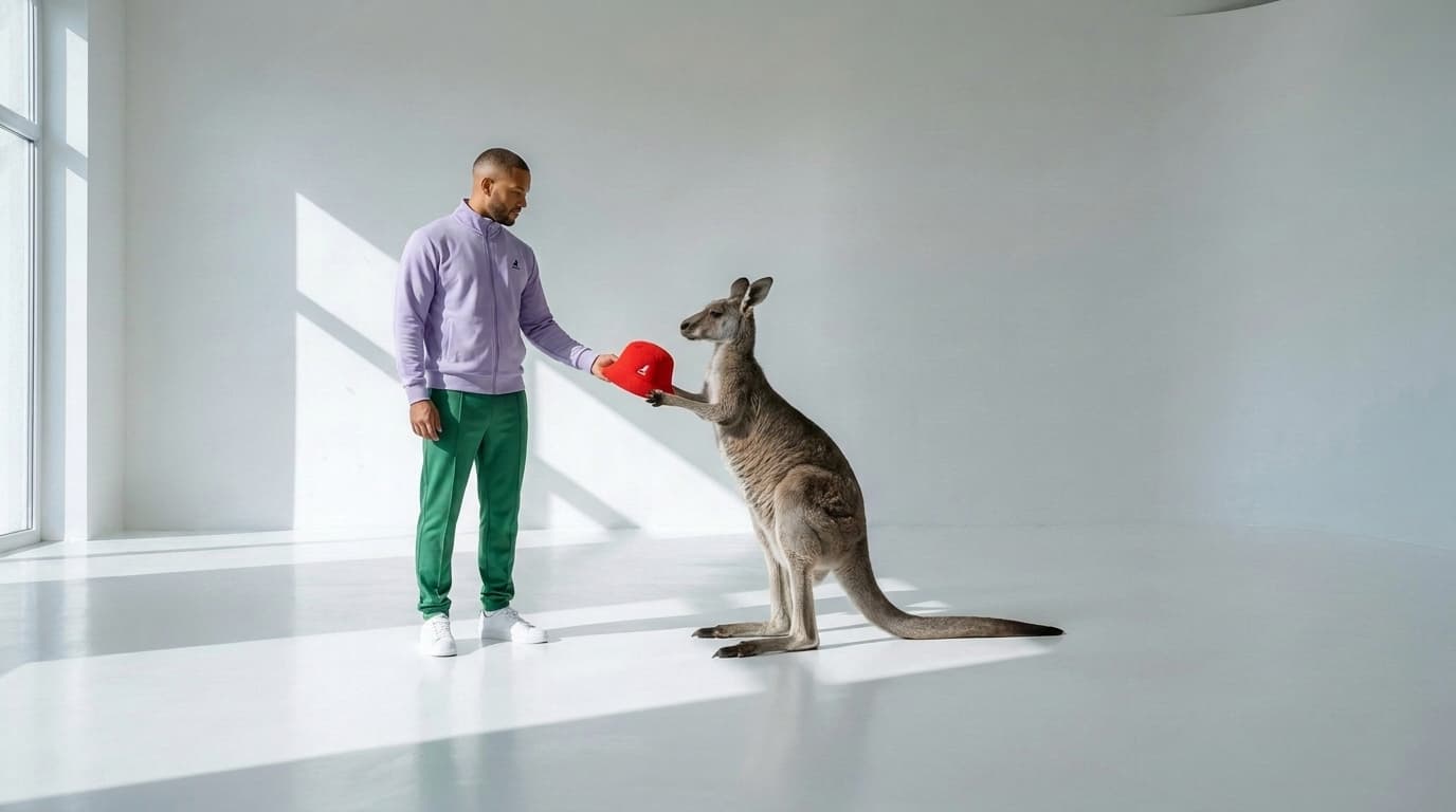 Kangaroo pulling a red bucket hat from its pouch for a man in lavender and green, made with Nano Banana Pro