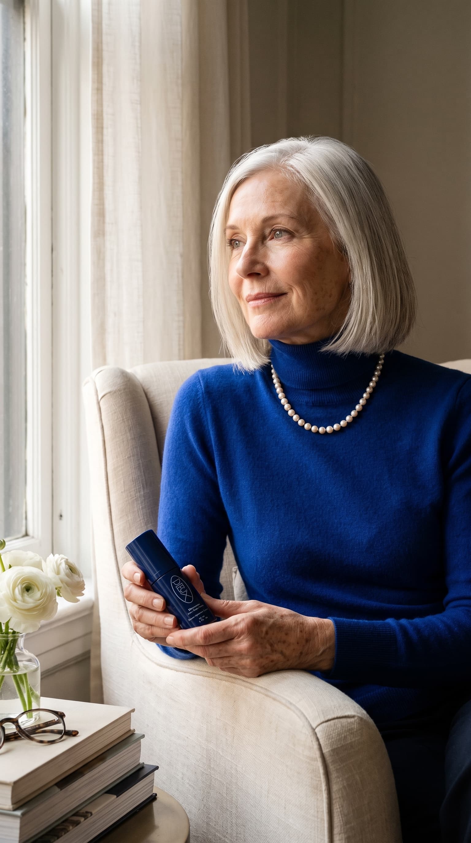 Silver-haired woman in a cobalt turtleneck and pearls in an armchair by a window, holding a navy serum bottle, made with Nano Banana Pro