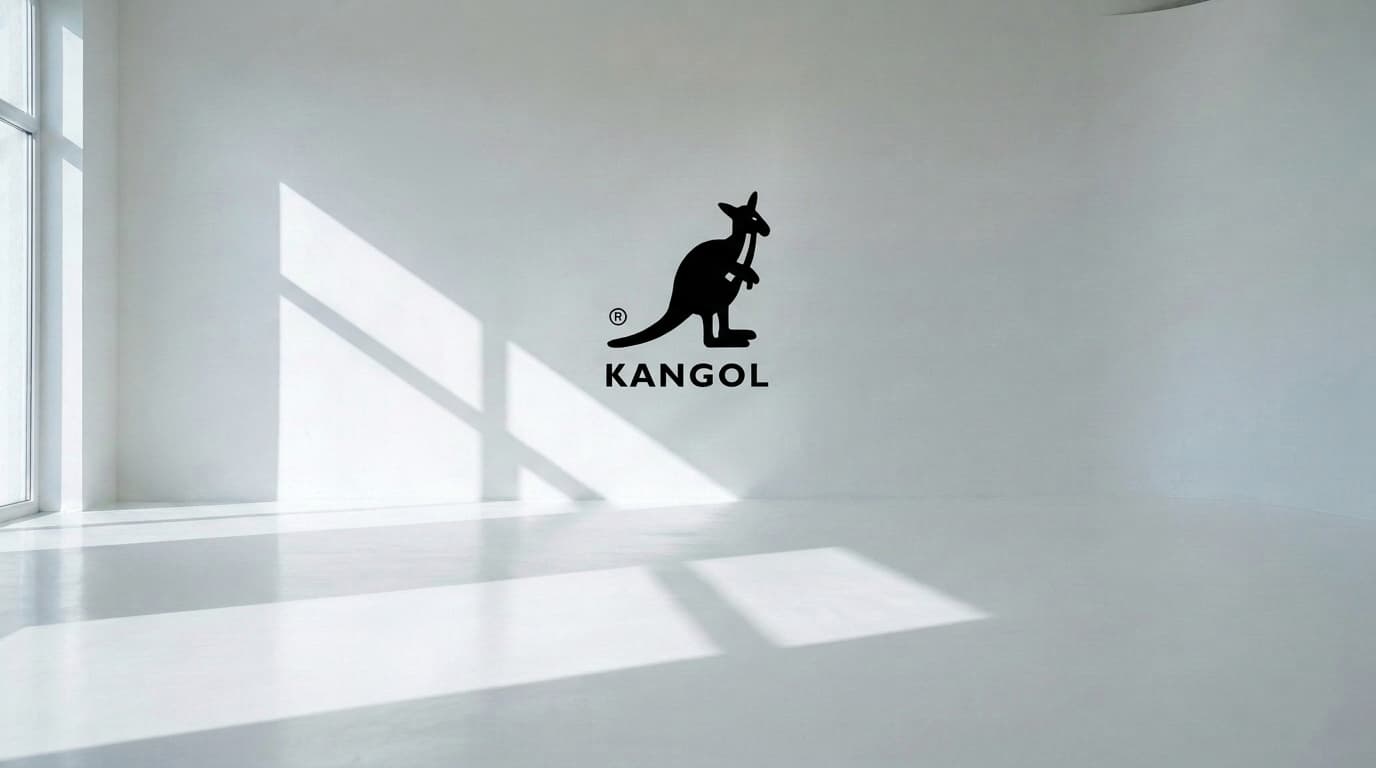 Empty white studio with a black kangaroo logo on the wall, made with Nano Banana Pro