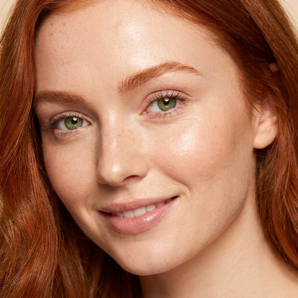 Close-up of a smiling redhead with glossy, smooth beauty-ad skin, made with Nano Banana Pro