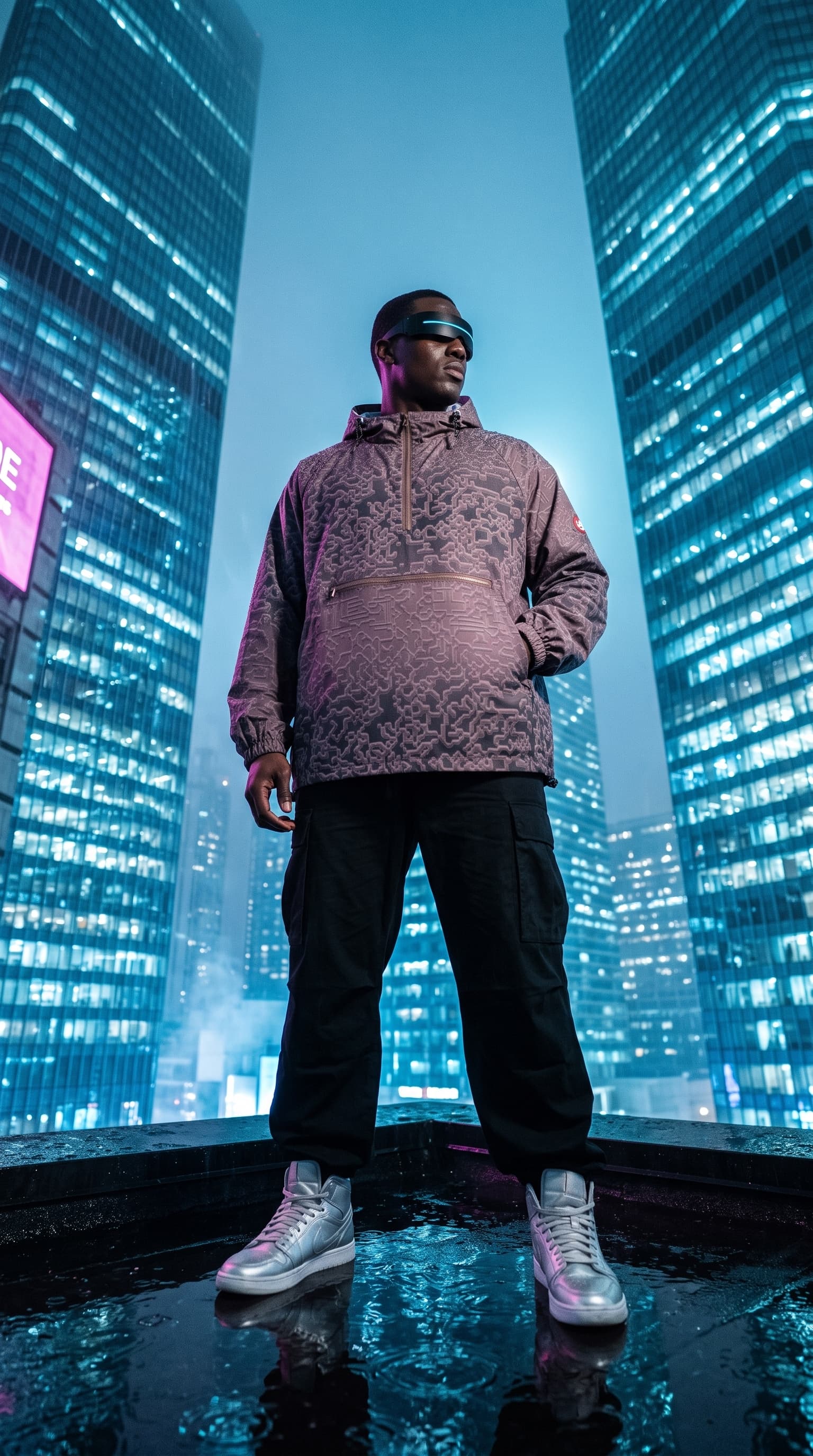 Man in a circuit-pattern anorak and LED visor on a wet rooftop below glass towers, made with gemini