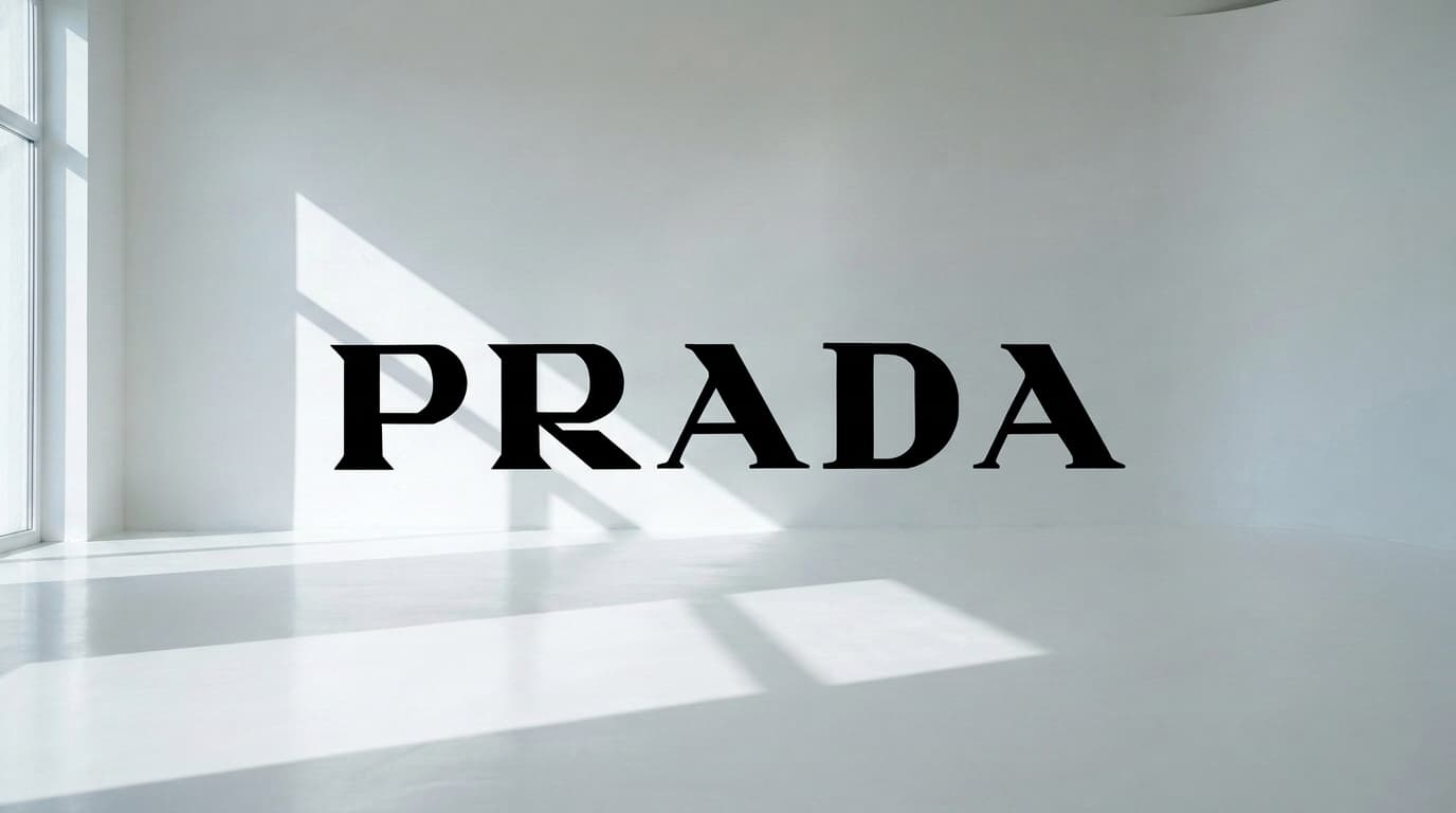 Empty white studio with the black Prada wordmark on the wall, made with Nano Banana Pro