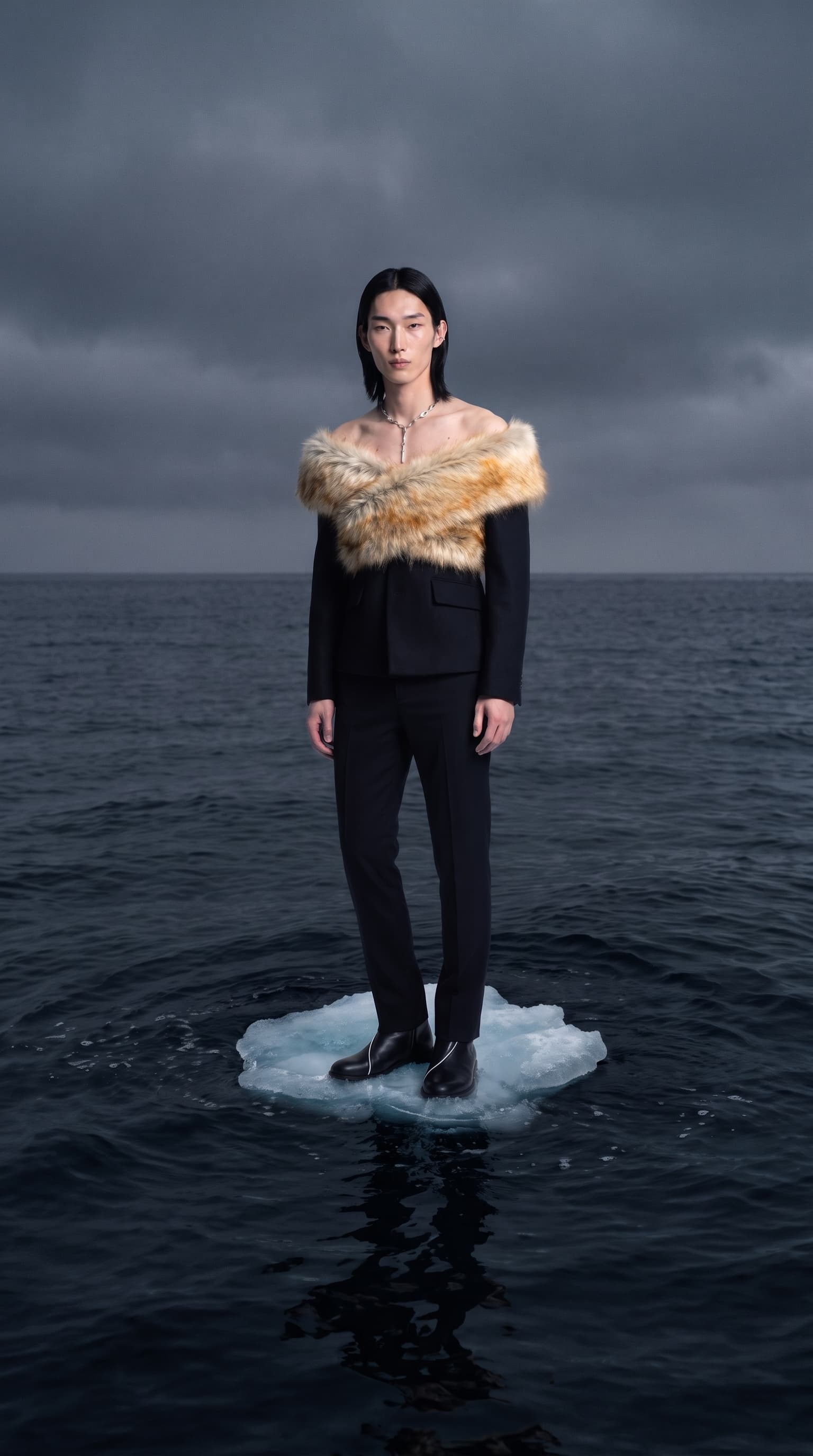 The ice floe shot pulled back with room above and below, but the man looks evenly studio lit, made with Nano Banana Pro