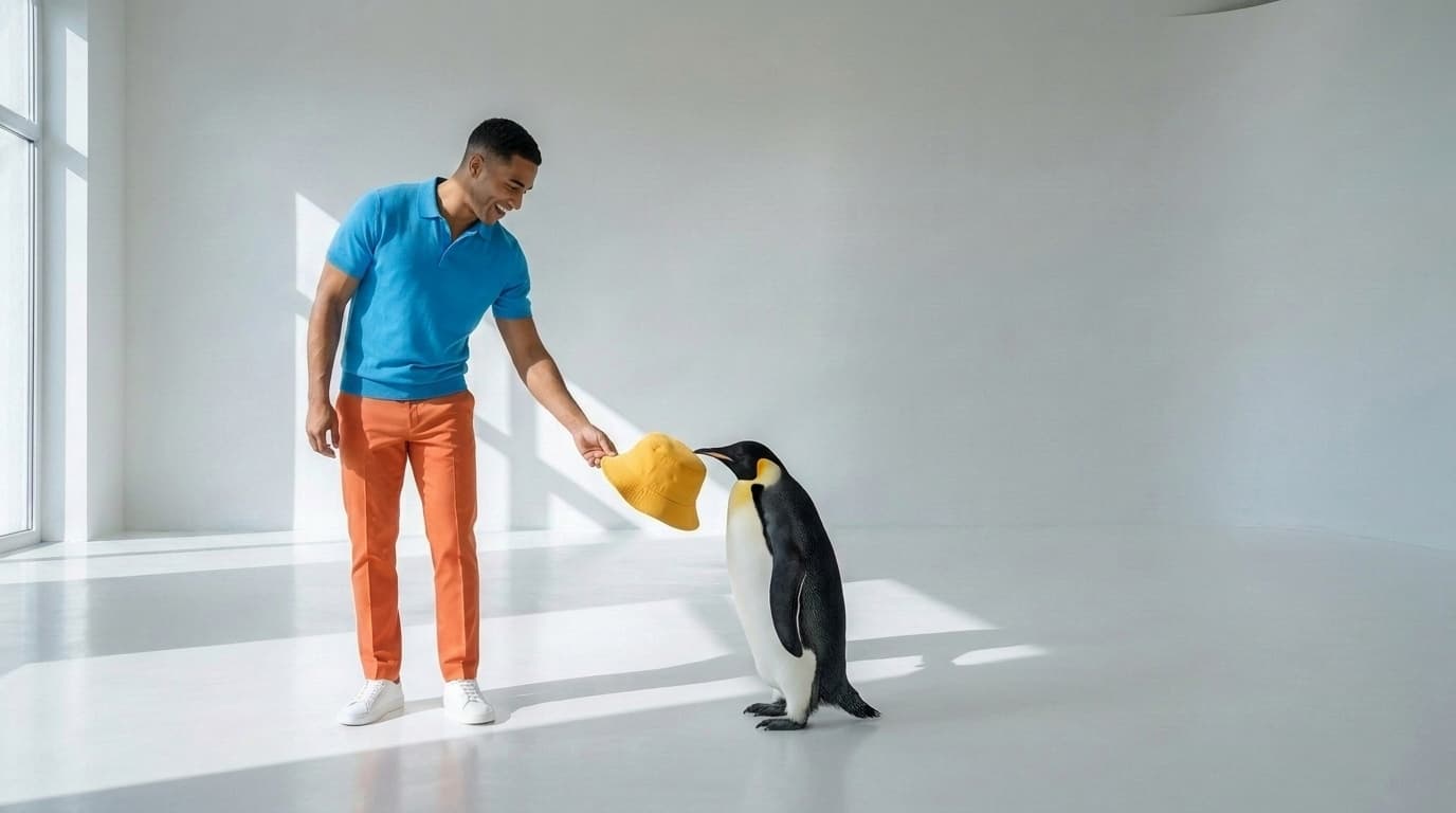 Real-size emperor penguin holding up a yellow bucket hat in its beak to the man, made with Nano Banana Pro