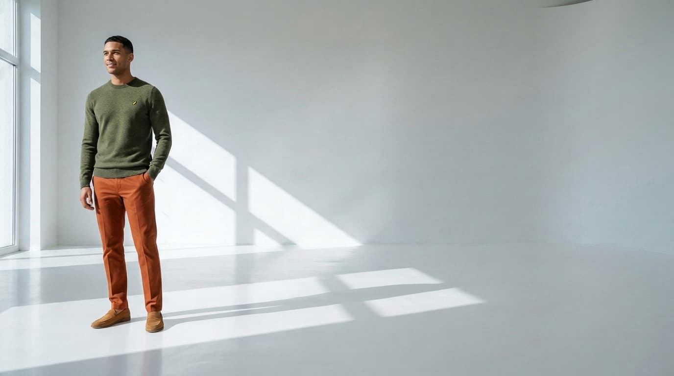 Man in an olive lambswool jumper and rust trousers standing in a white studio, made with Nano Banana Pro