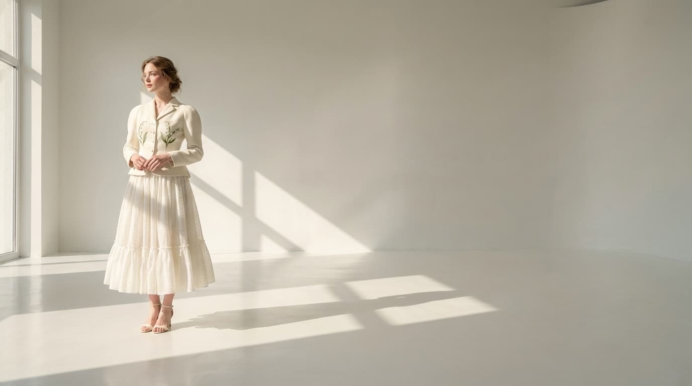 Woman in an ivory jacket and ruffle skirt posing in a white studio, made with Nano Banana Pro