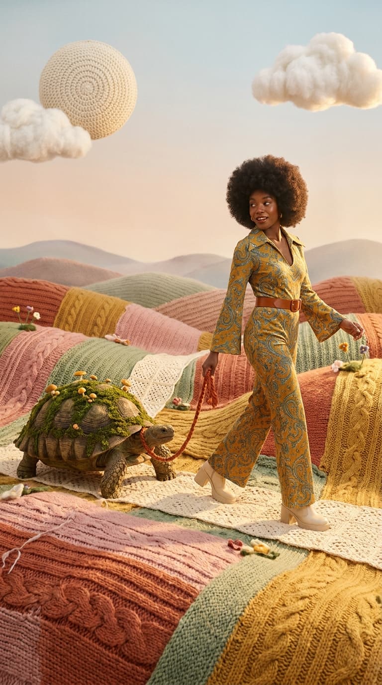 Woman in a paisley jumpsuit walking a moss-covered tortoise across knitted wool hills, made with Nano Banana Pro