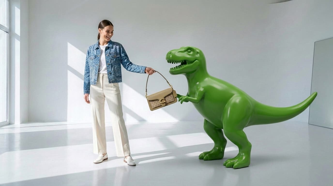 Glossy toy-like green T-Rex handing a tan shoulder bag to a woman in denim, made with Nano Banana Pro