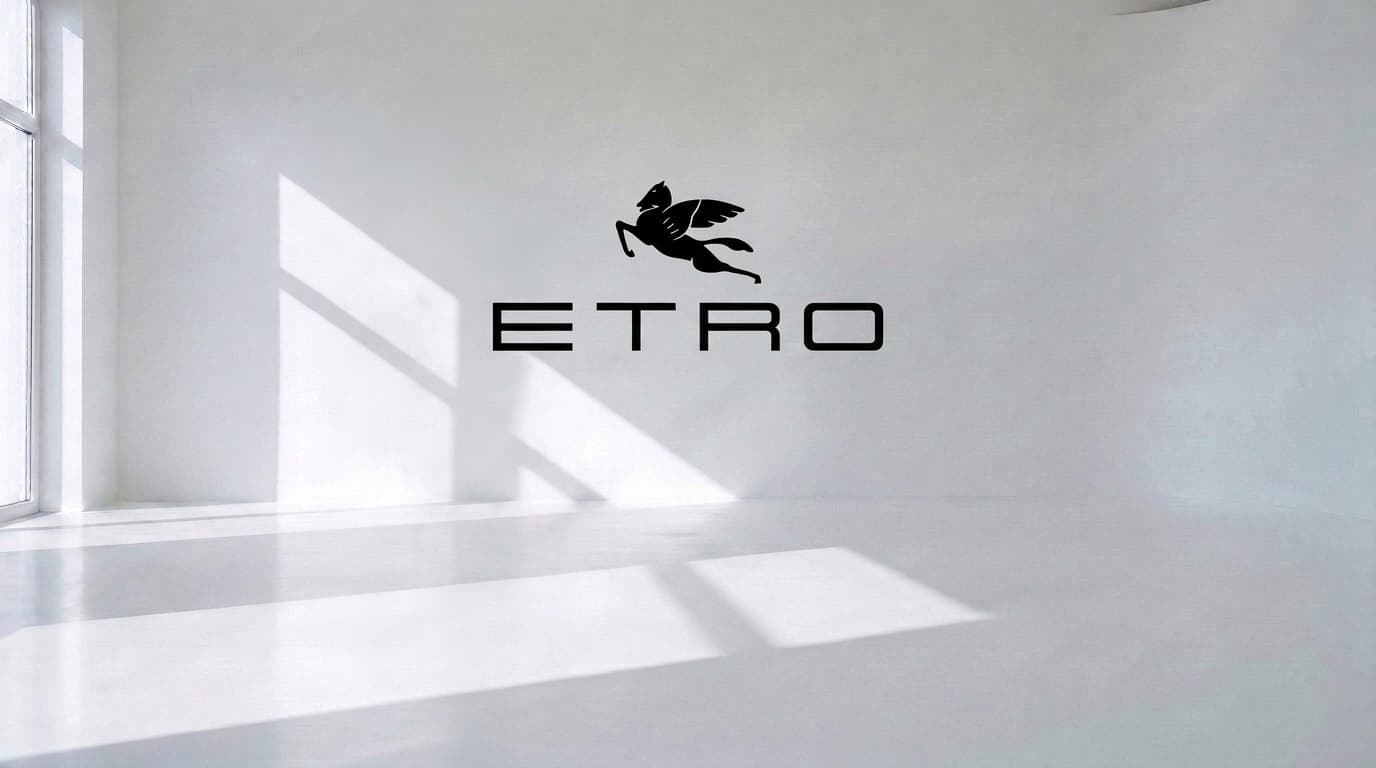 Etro winged horse logo on the wall of an empty white studio, made with Nano Banana Pro