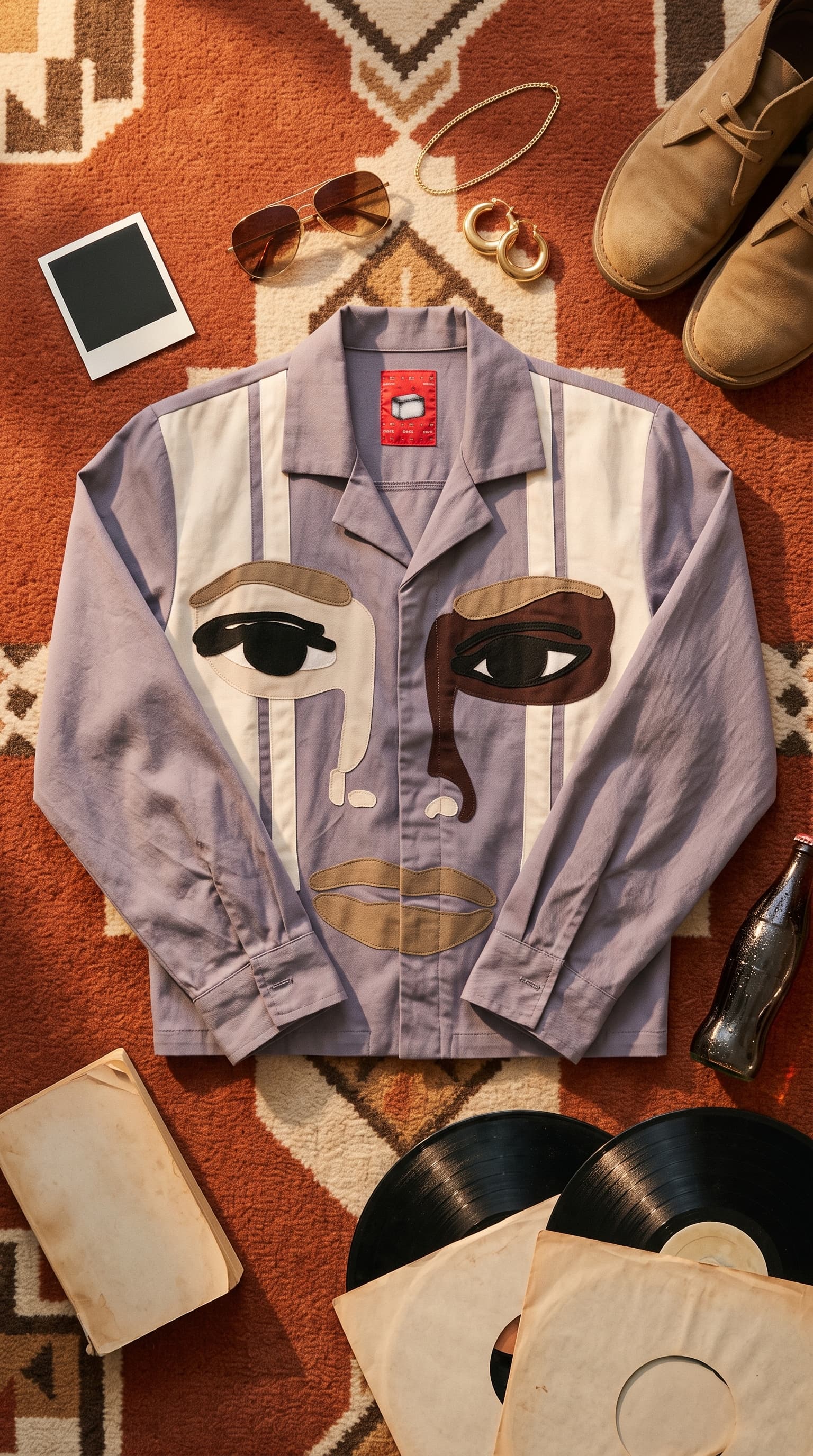 Overhead flat lay of the face jacket on a patterned rug with records, aviators, gold jewelry and suede boots, made with gemini