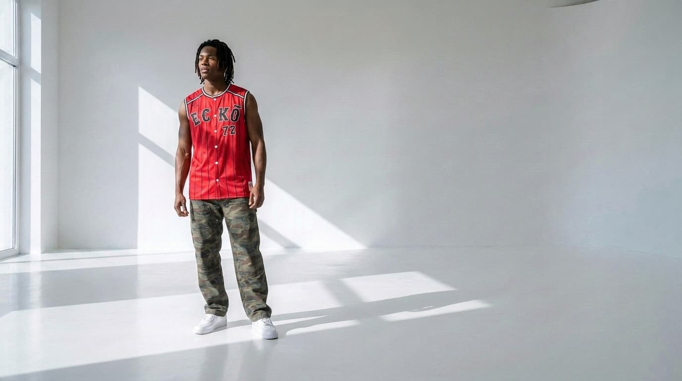 Man with dreads in a red mesh jersey and camo cargo pants standing in a white studio, made with Nano Banana Pro