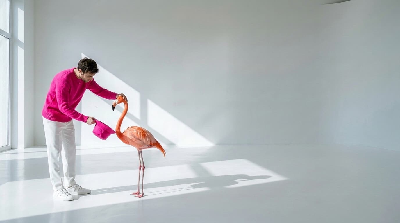 Man and flamingo small and low in a white studio with window shadows on the floor, made with Nano Banana Pro