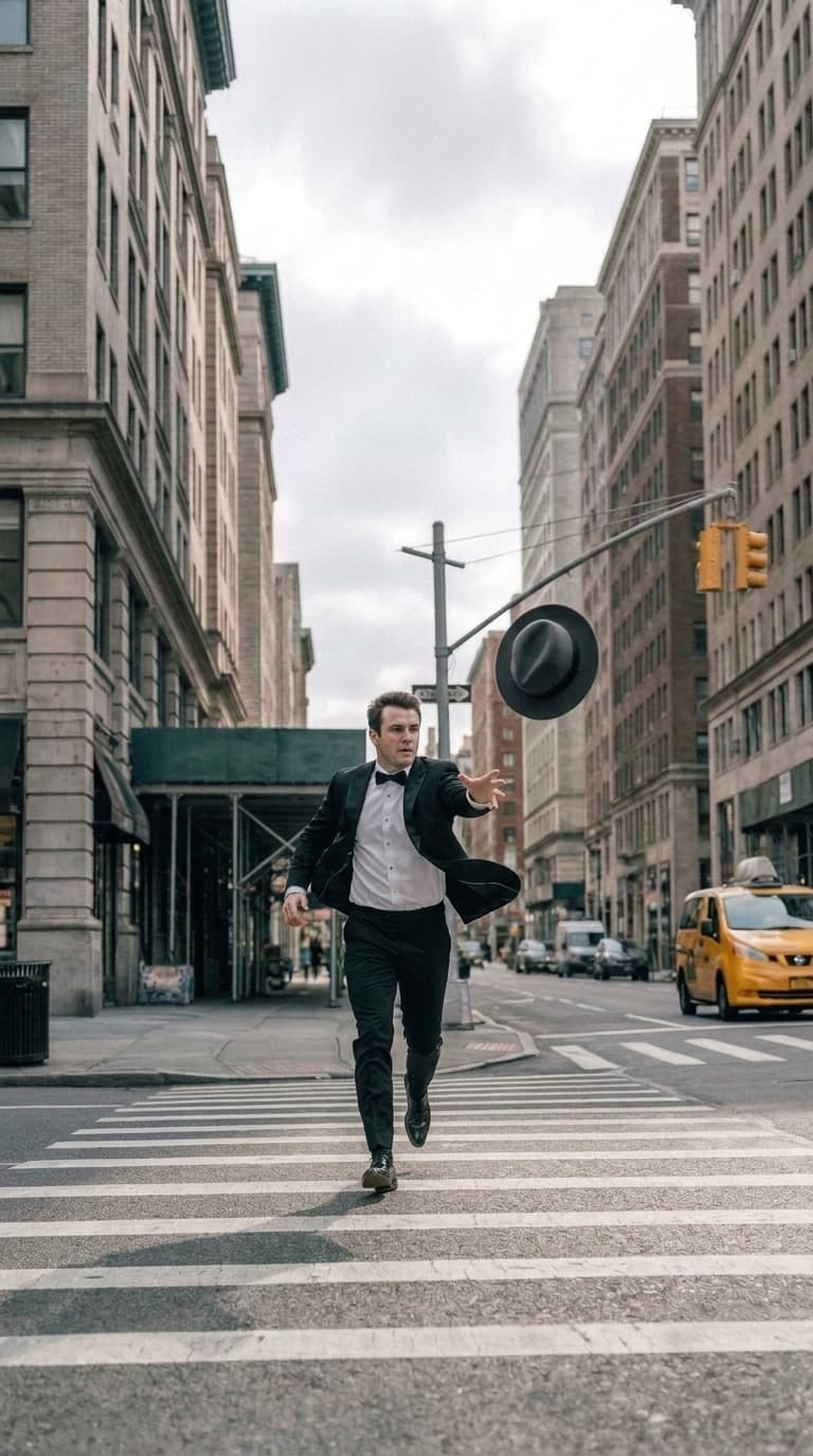Man in a tuxedo running with a felt hat floating ahead of him toward the camera, made with Nano Banana Pro