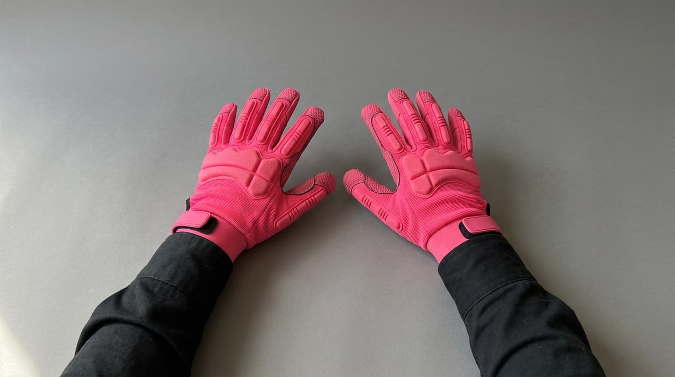 Neon pink padded work gloves and dark sleeves on a plain grey background, made with Nano Banana 2.1