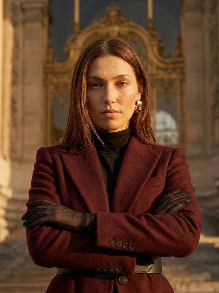 Straight-on eye-level shot, arms crossed, direct stare, made with Nano Banana Pro