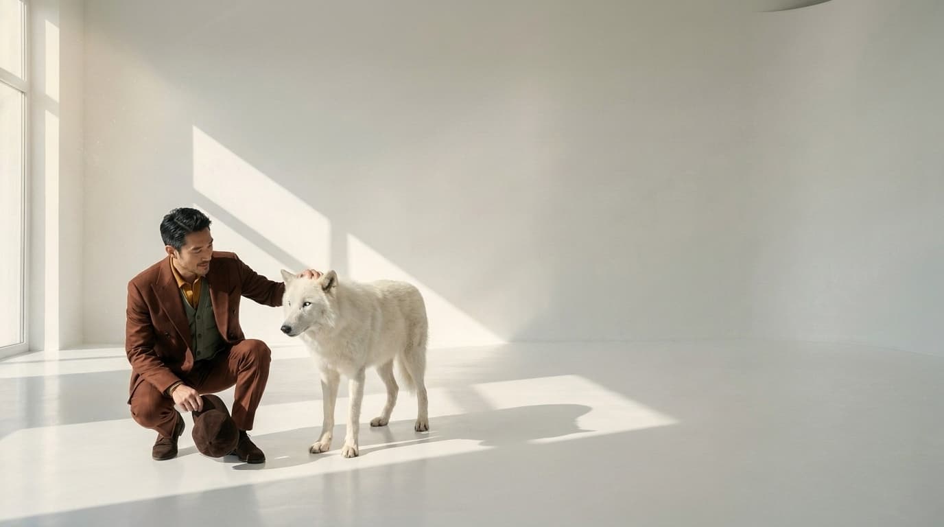 Man crouching with a brown suede cap, stroking a white arctic wolf in a very wide white studio, made with Nano Banana Pro