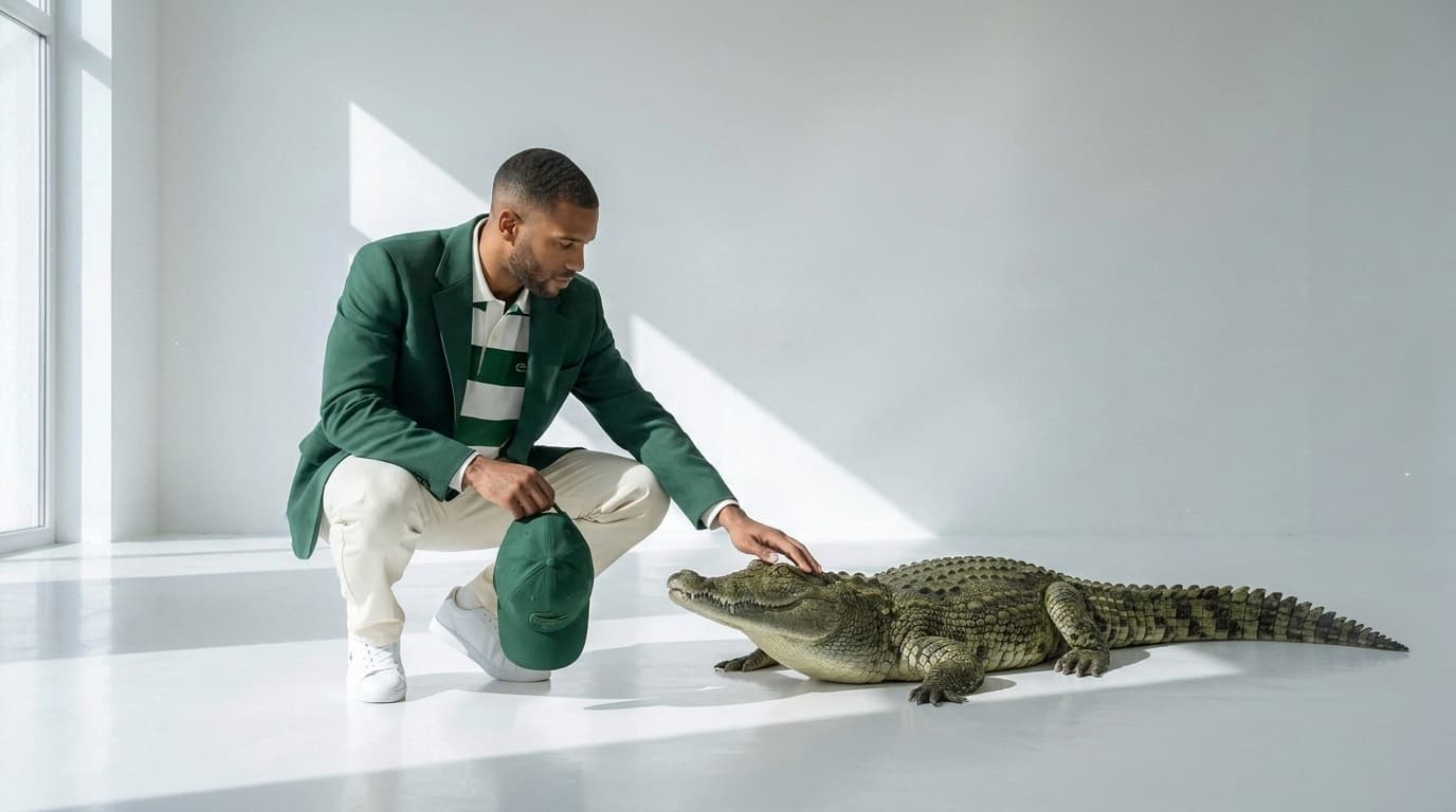 Man crouching with a green cap on his knee, petting a crocodile, close framing, made with Nano Banana Pro