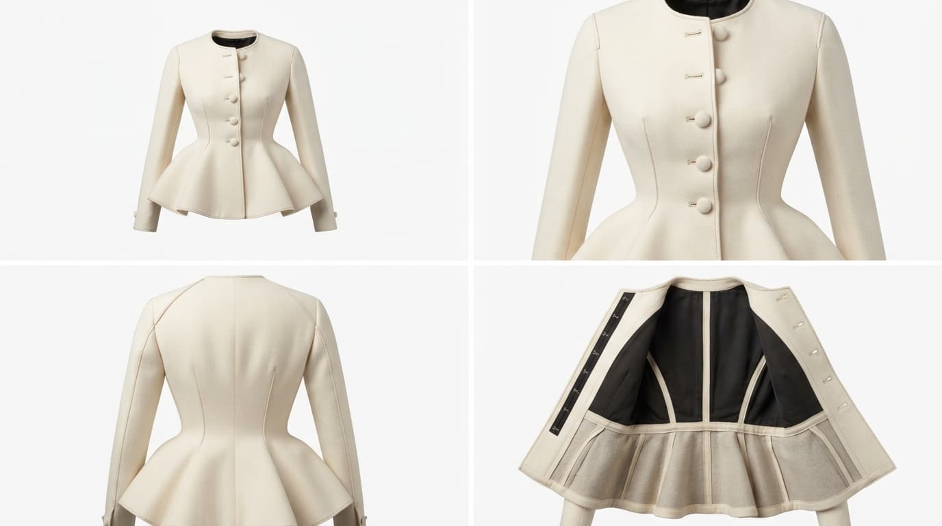 Four-panel product sheet of an ivory peplum jacket, including the black lining, made with Nano Banana 2 Lite