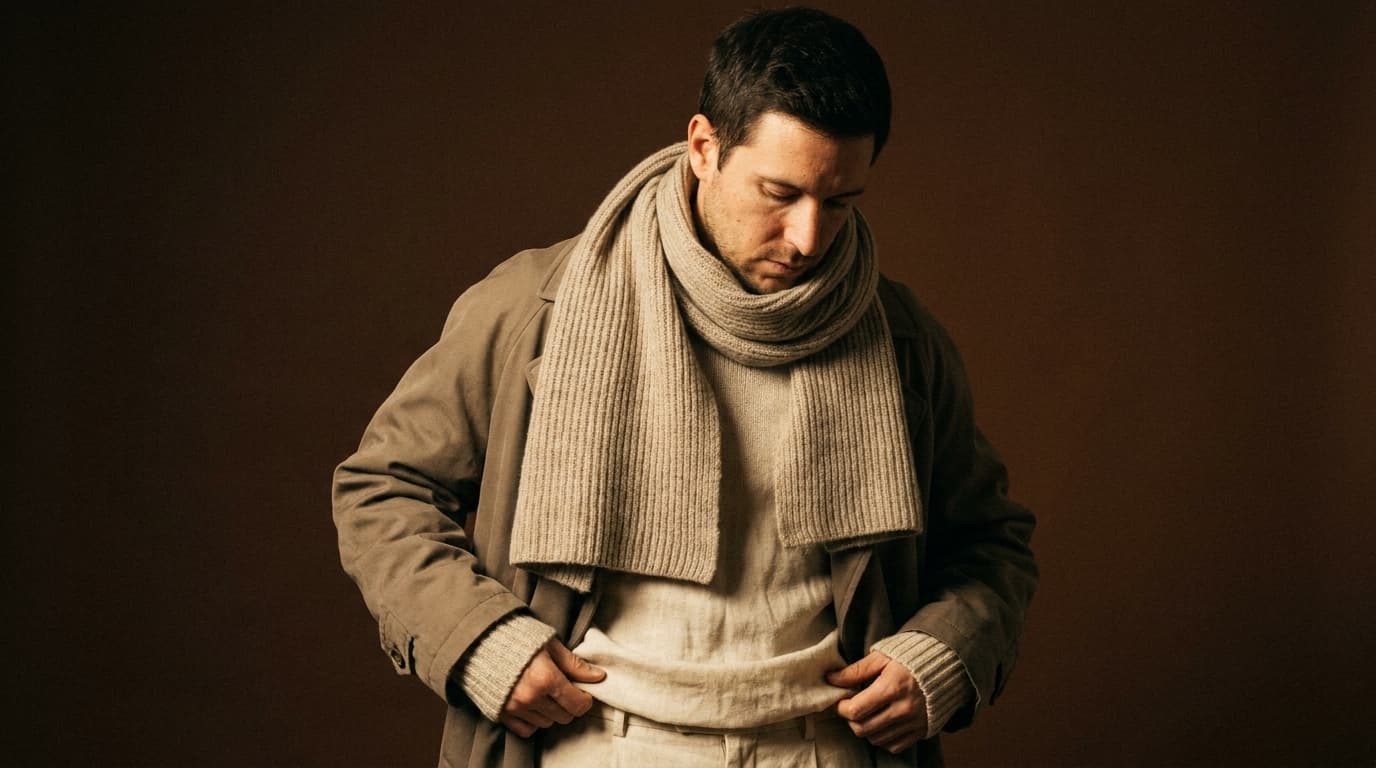 A warm grainy film editorial of a man in layered oatmeal and taupe menswear, one hard light, brown backdrop, made with Nano Banana Pro