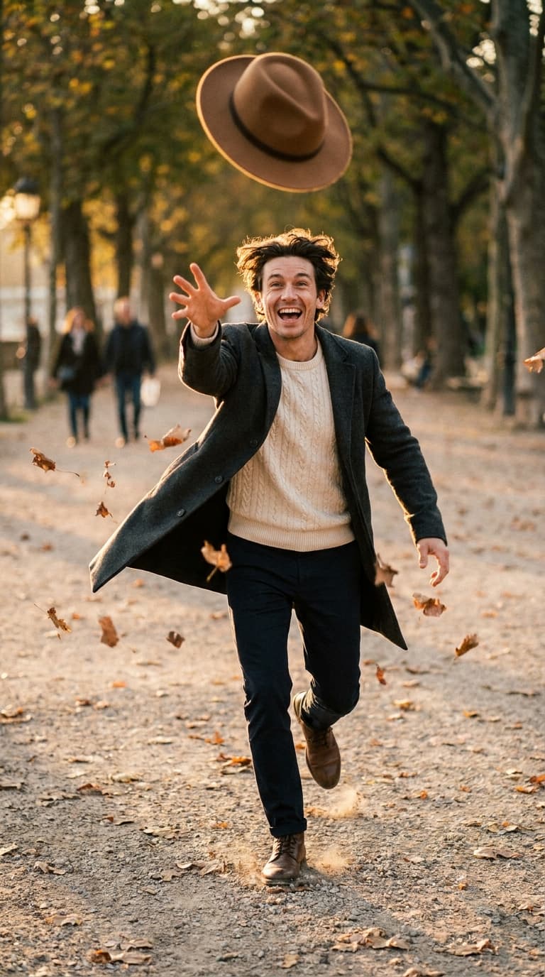 Man in an overcoat chasing a felt hat through an autumn park at golden hour, made with Nano Banana Pro