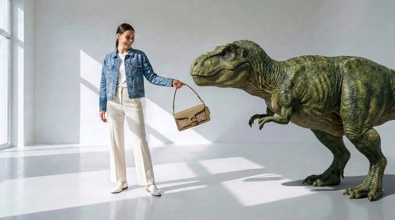 Calm photorealistic T-Rex delivering a tan shoulder bag in a white studio with no mirror, made with Nano Banana Pro