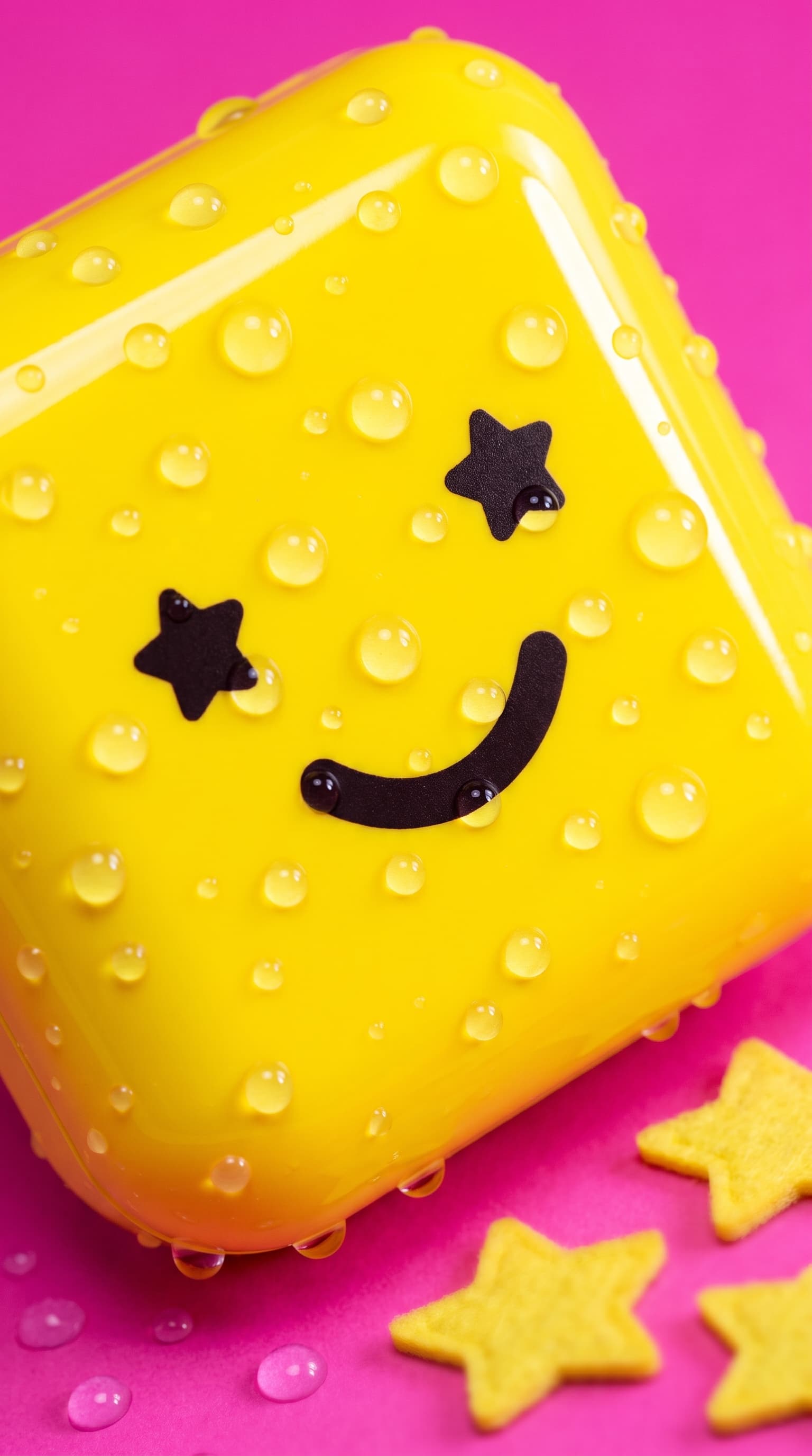 Close-up of the smiley face on the Starface compact lid on magenta, made with Nano Banana Pro