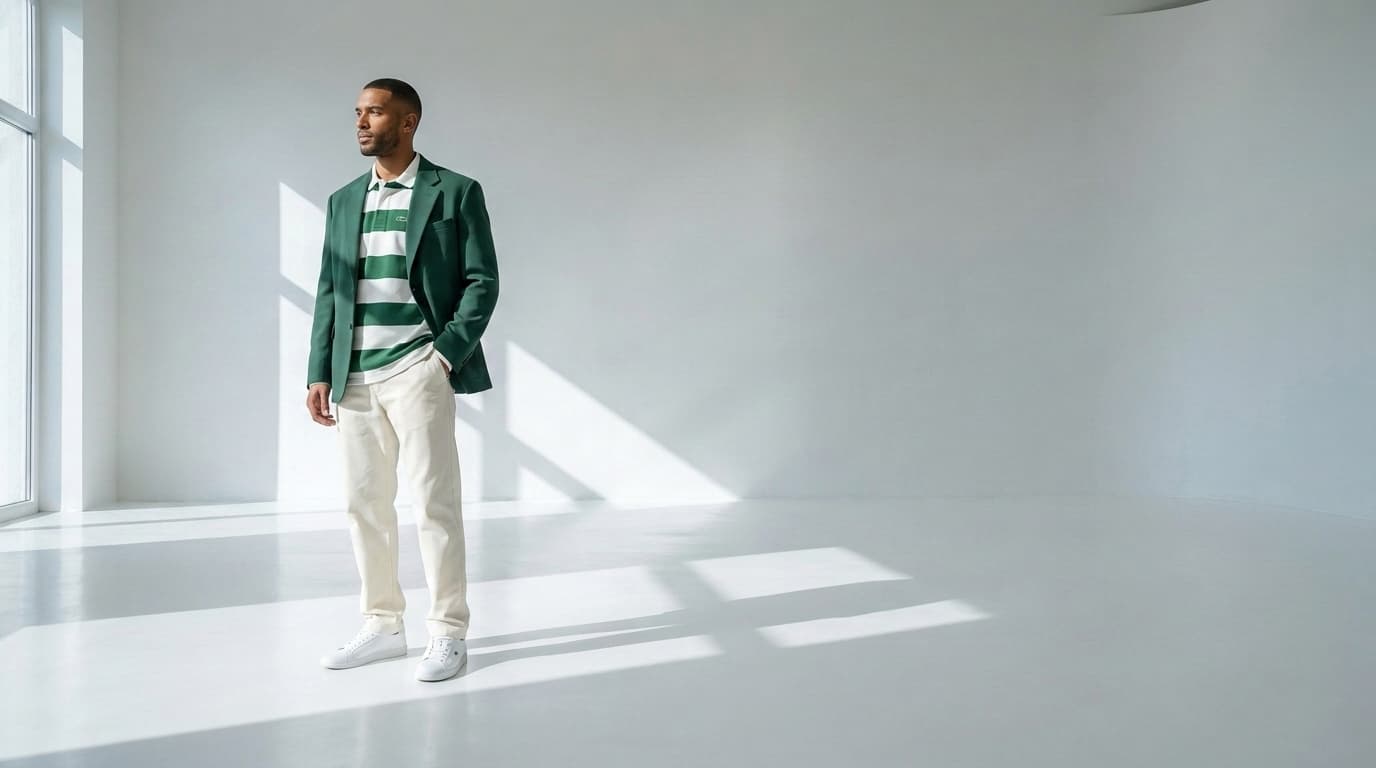 Man in a green blazer, striped polo and cream trousers posing in a white studio, made with Nano Banana Pro