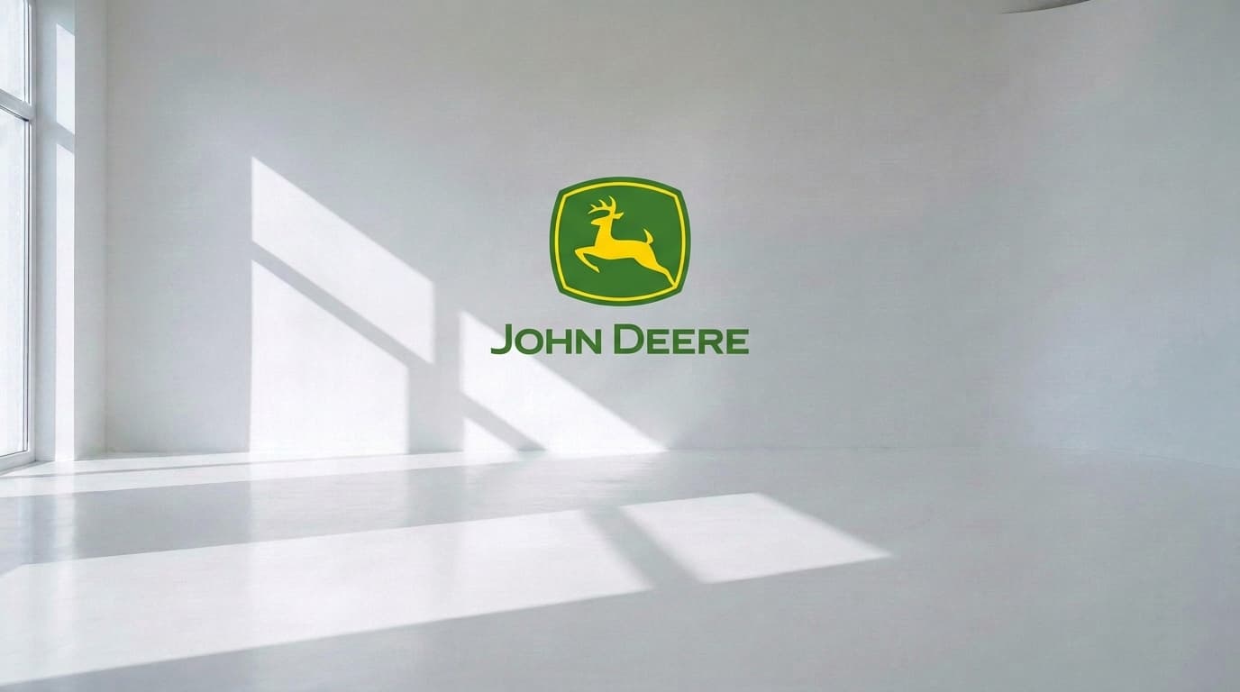 Green and yellow John Deere logo on the wall of an empty white studio, made with Nano Banana Pro