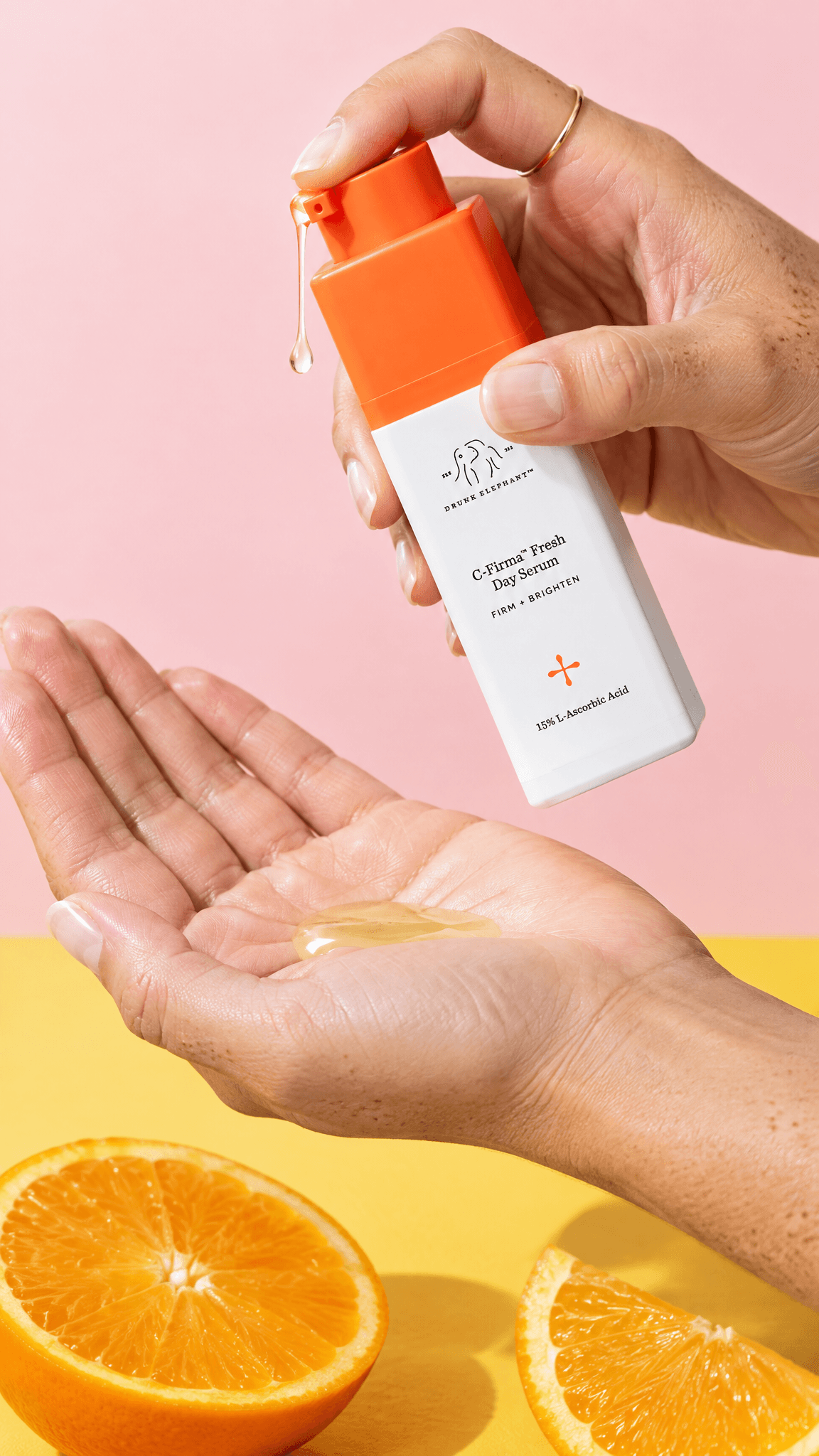 Hands pumping serum into a palm, the bottle pump drawn with a wrong side spout, made with GPT Image 2.5 Flare