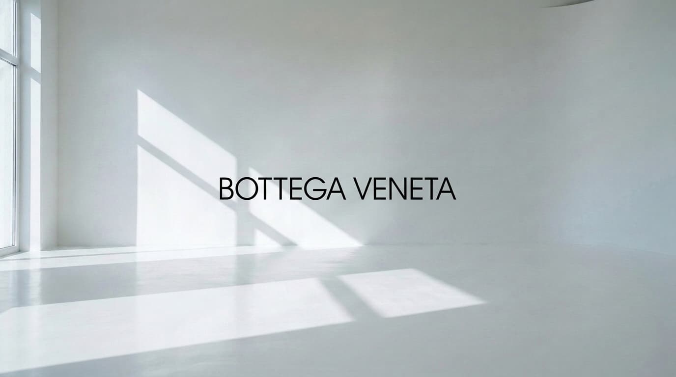 Bottega Veneta wordmark on the wall of an empty white studio, made with Nano Banana Pro