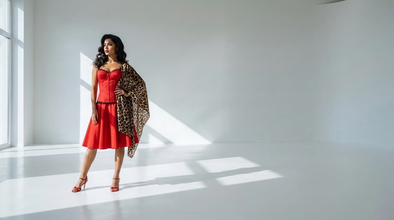 Woman in a red corset dress with a leopard-print scarf posing in a white studio, made with Nano Banana Pro