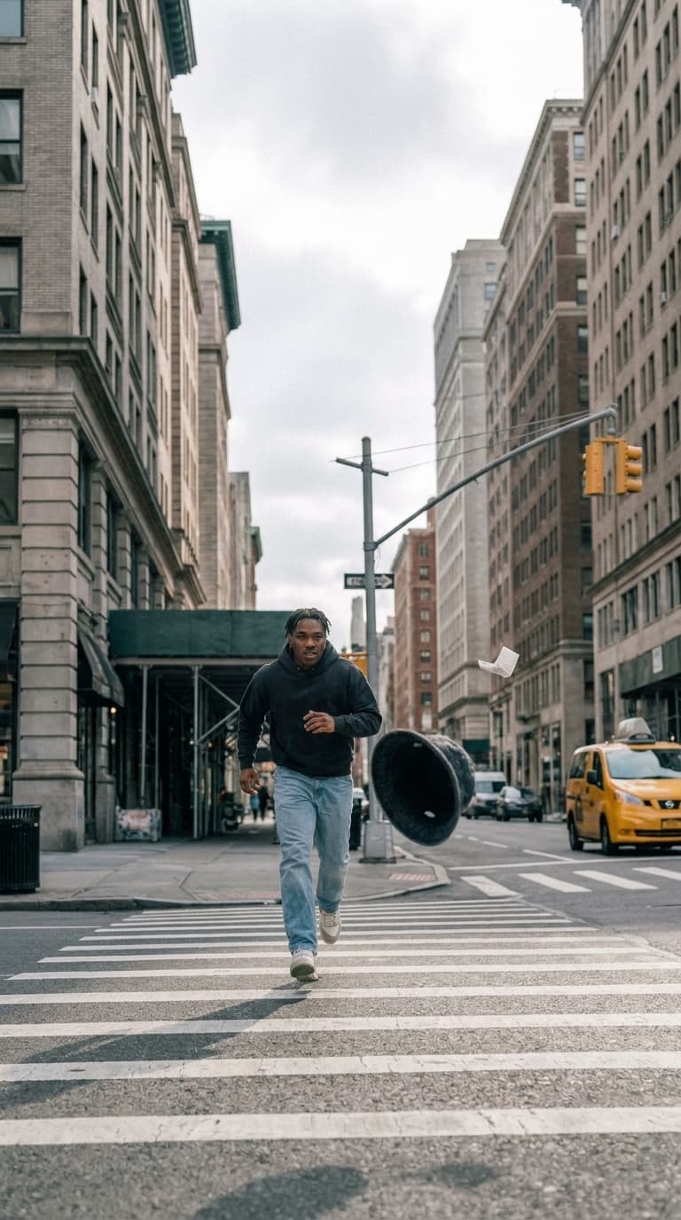 Wide overcast street with the runner small in the frame and an oversized bucket hat beside him, made with Nano Banana Pro