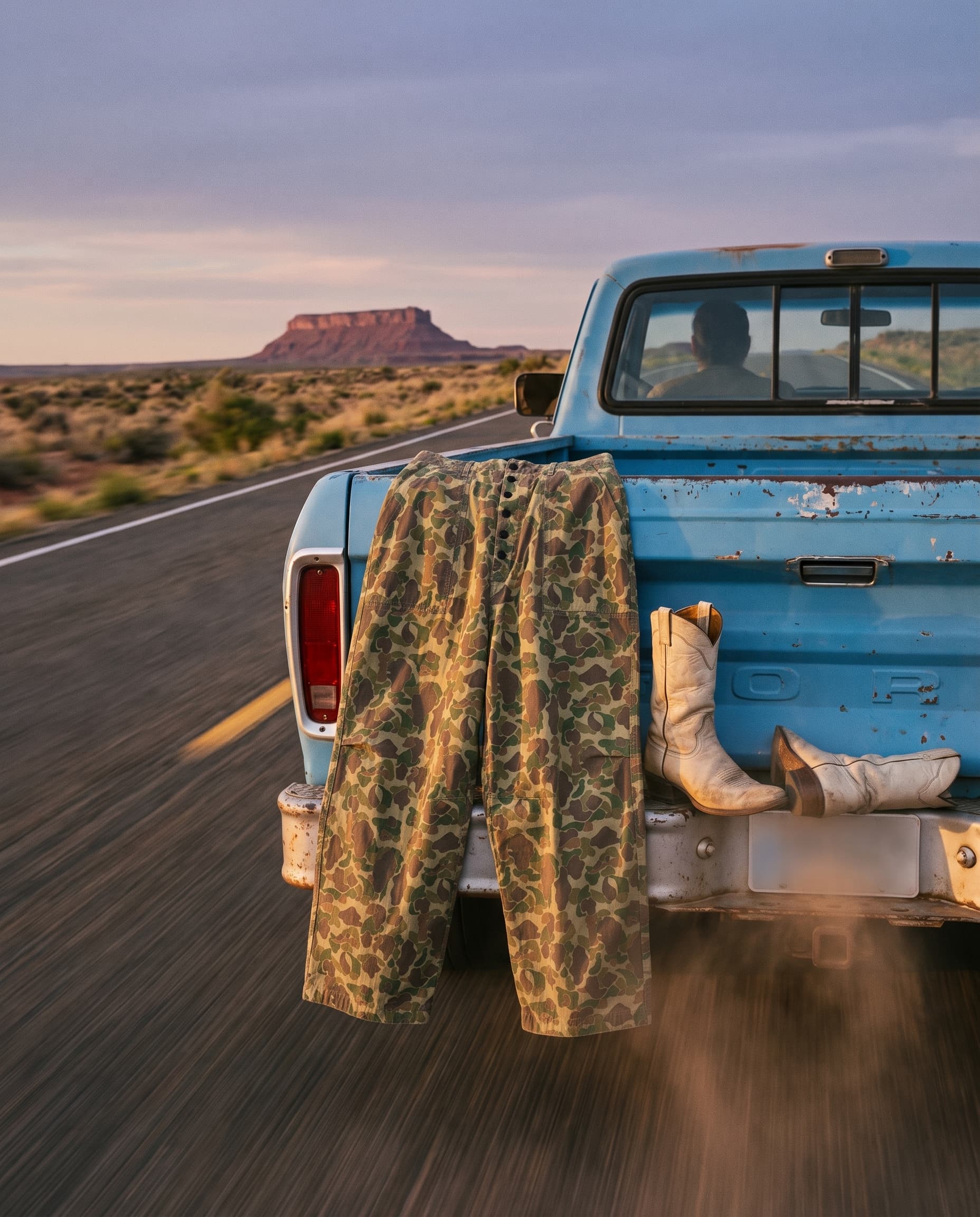 Camo pants and white cowboy boots on the tailgate of a blue pickup speeding down a desert highway, made with Nano Banana Pro