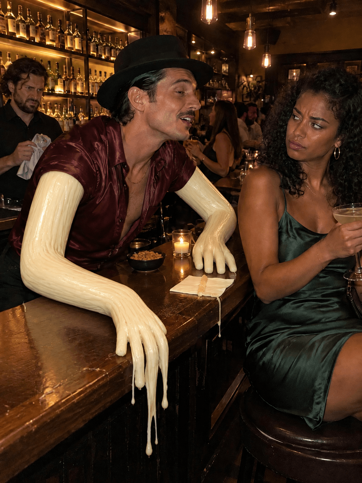 Pickup artist at a bar with arms made of solid string cheese, made with GPT Image 2.5 Flare