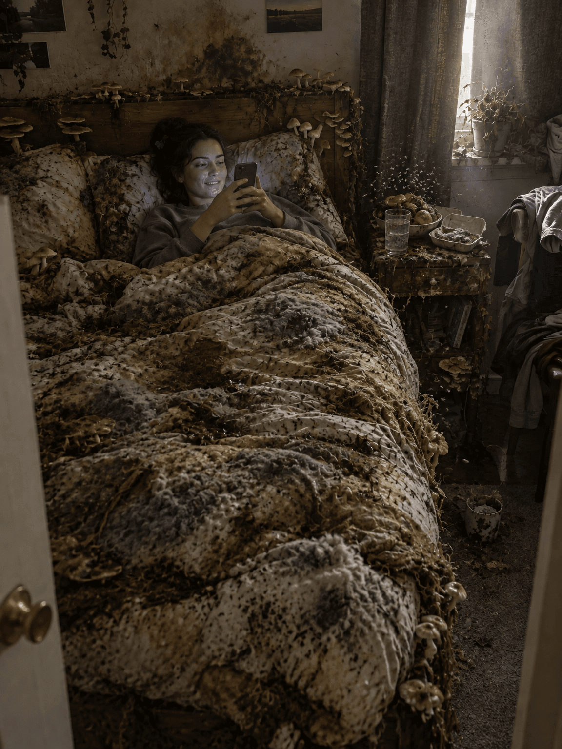 Same woman in a moldy bed with rotting fruit and fruit flies, made with GPT Image 2.5 Flare