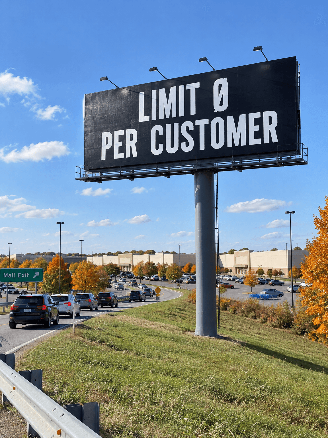 Highway billboard reading Limit 0 per customer with a slashed zero above a mall exit, made with GPT Image 2.5 Flare