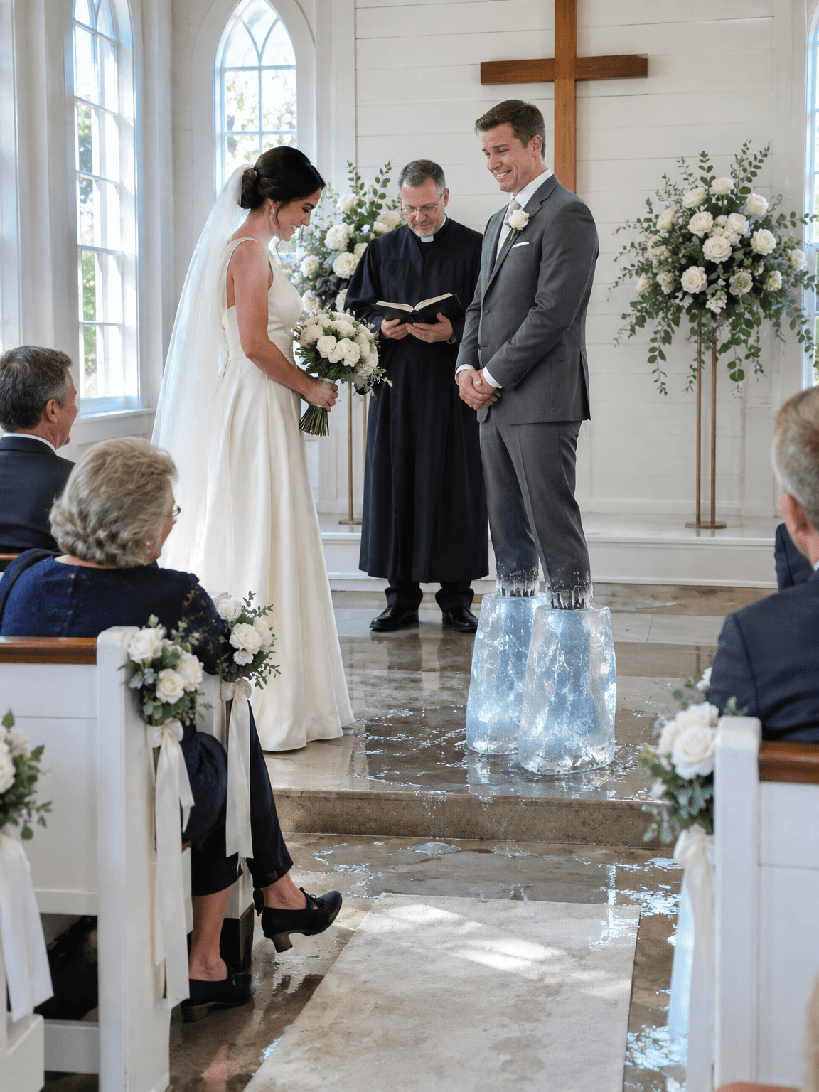 Groom at the altar with feet made of melting ice blocks, made with GPT Image 2.5 Flare